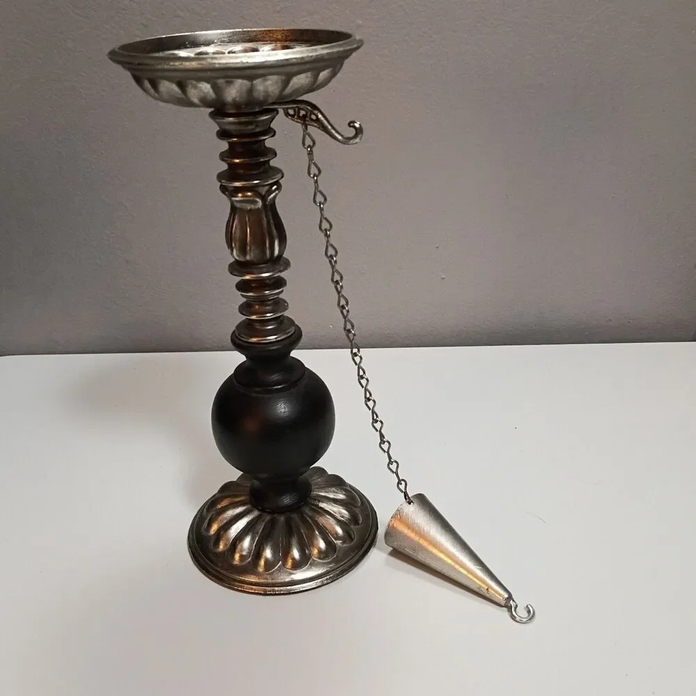 Vintage Dilly Antique Metal Finish Wood Pillar Candle Holder Attached Snuffer